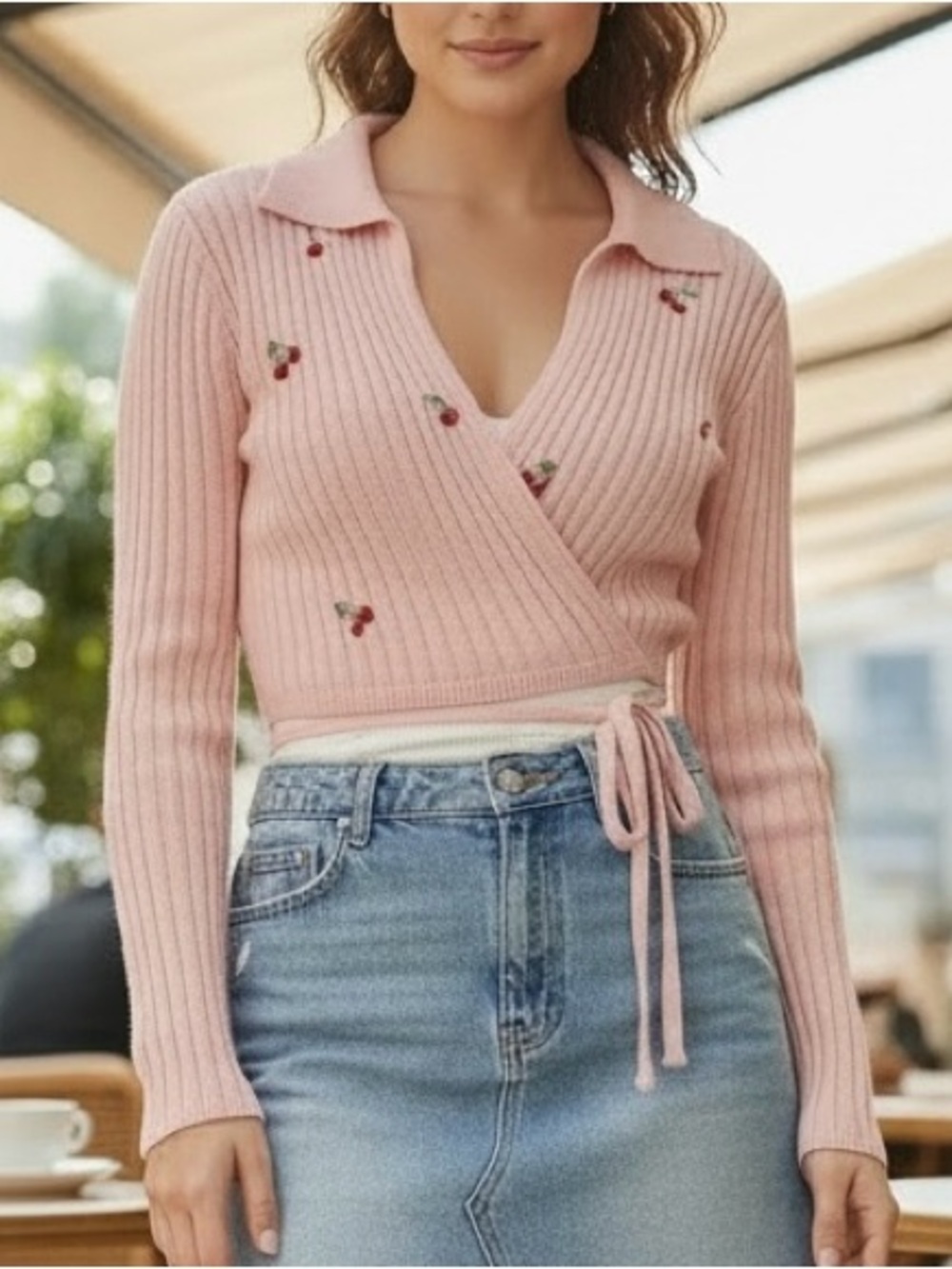 Pink Ribbed Collar wrap sweater with cherry embroidery